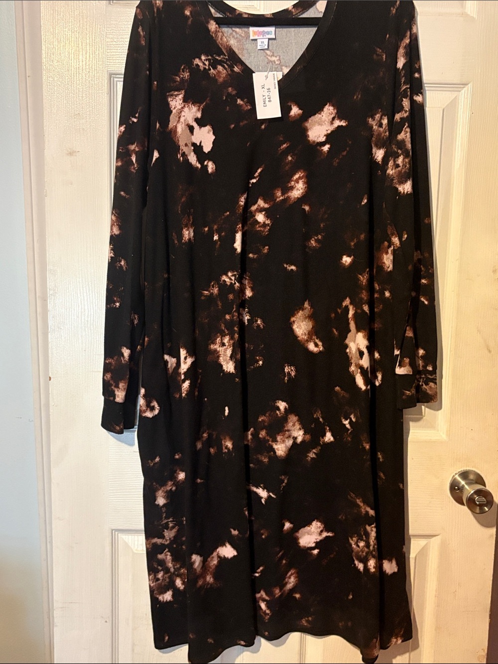 LuLaRoe Emily Black Dress with Brown  & Lavender Accents